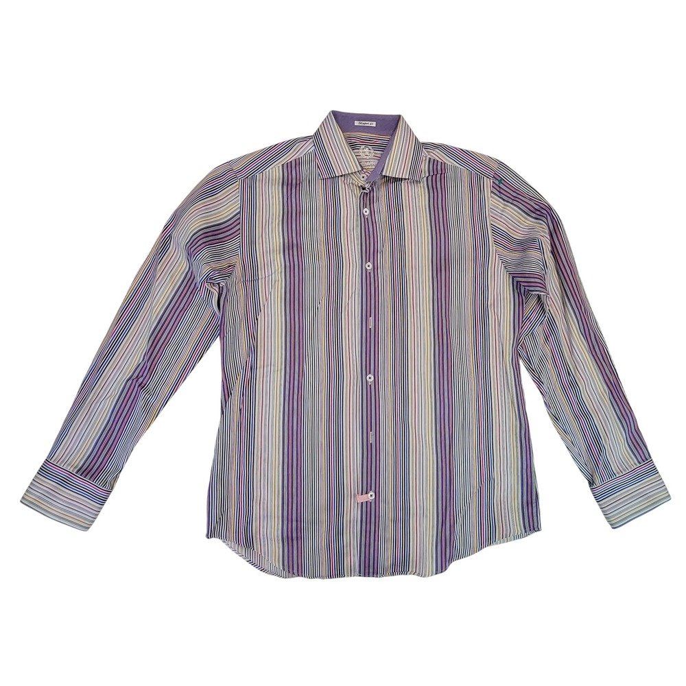 Bugatchi Shaped Fit Striped Dress Shirt Mens Purple Yellow‎ Blue Cotton